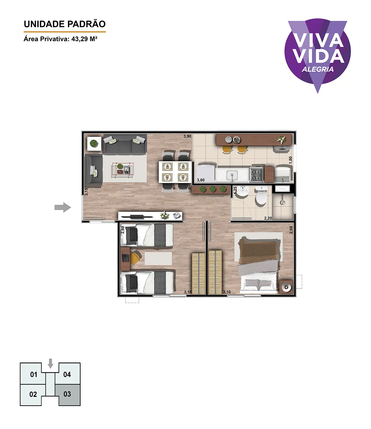 Planta da unidade padrão, 2 quartos, 43,29 m² de área privativa (imagem ilustrativa)